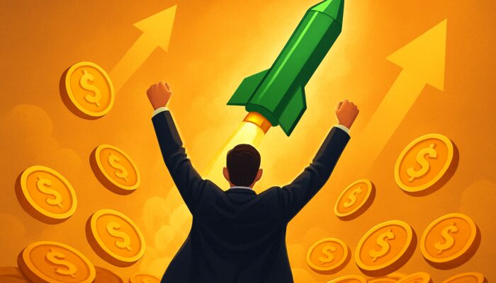 Triumphant trader watches massive green candlestick rocket amid golden coins and upward arrows for largest winning trade
