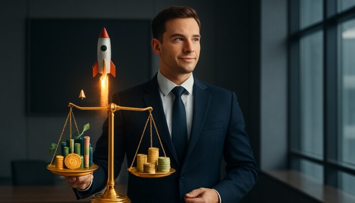 Confident trader balancing golden scale with soaring rocket and diverse assets in sleek office