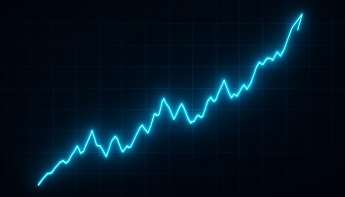 Glowing equity curve line chart on dark cyberpunk trading terminal amid market volatility