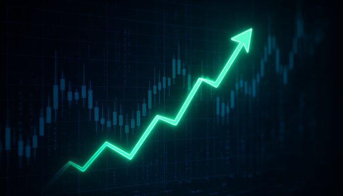 Upward green equity curve on holographic trading screen with candlesticks symbolizing trader success