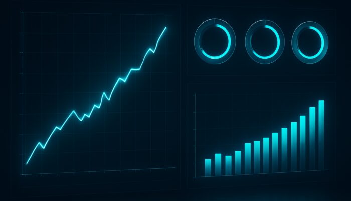Futuristic trading dashboard displaying glowing equity curves alongside win rate and profit factor metrics.