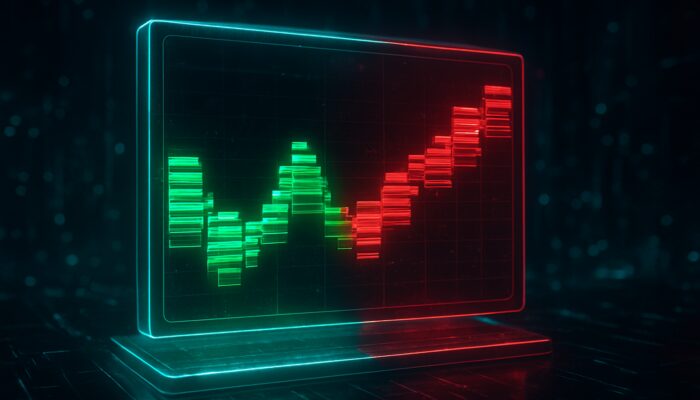 3D holographic order book with green buy and red sell orders on cyberpunk trading screen