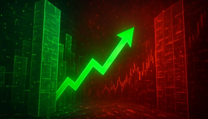 Digital order book with green bid walls and red ask walls blocking surging price arrow in trading data.