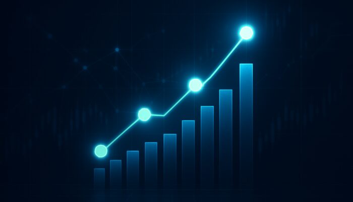 Abstract visualization of expectancy trading with glowing probability nodes merging into rising profitability graph.