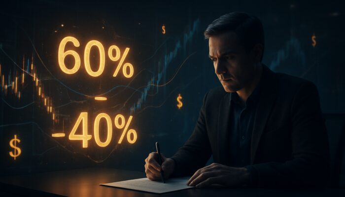 Determined trader calculates expectancy amid glowing 60% wins, 40% losses, stock charts and dollar symbols