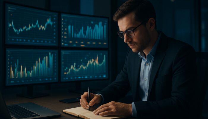 Trader logging trades and calculating expectancy metrics on glowing screens with charts in modern office