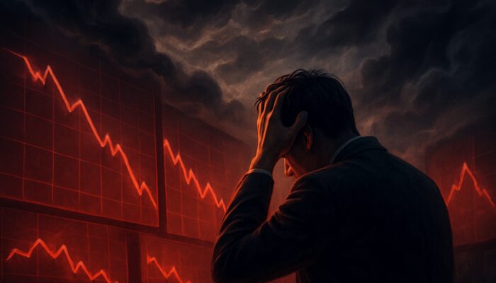 Stressed trader stares at crashing red stock charts amid volatility storm clouds