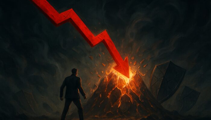 Trader confronts massive red plummeting chart shattering glowing portfolio mountain amid volatility shadows.