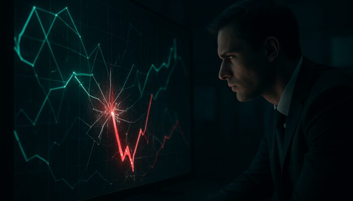 Trader analyzing shattered holographic charts showing red trading losses in dark command center