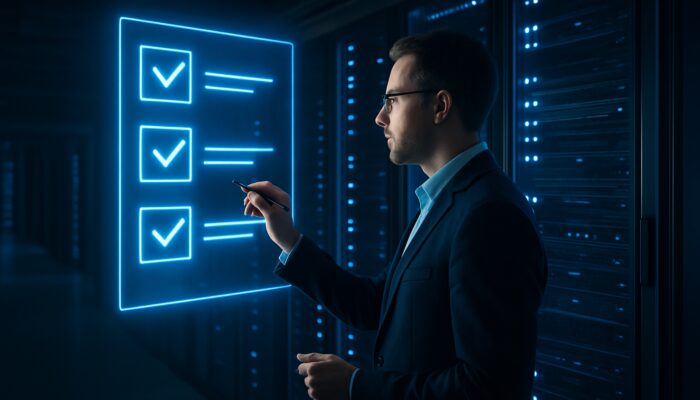 Strategic planner annotating holographic checklists beside server racks in sleek data center