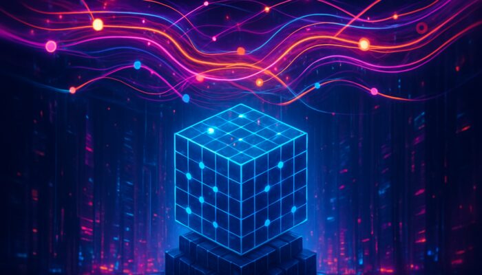 Neon cyberpunk cityscape with towering blockchain base and vibrant floating Layer 2 highways.