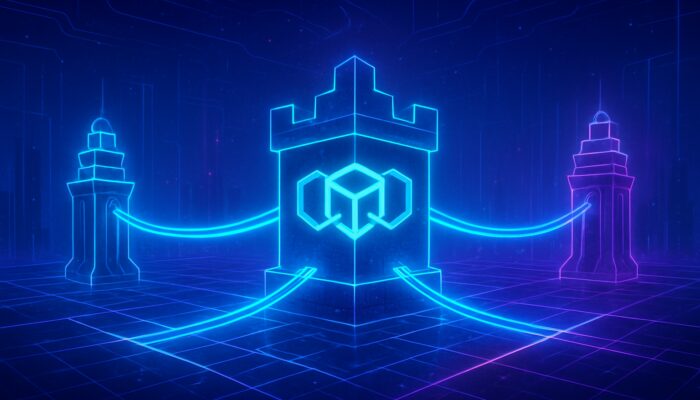 Futuristic neon cyber landscape with central blockchain fortress linked by bridges to sidechain towers for scalability and interoperability.