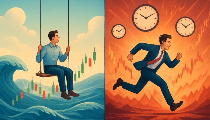 Split-screen art: serene swing trader on candlestick waves beside frantic day trader with clocks and charts