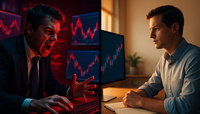 Split image: frantic day trader at flashing monitors vs calm swing trader in sunlit office