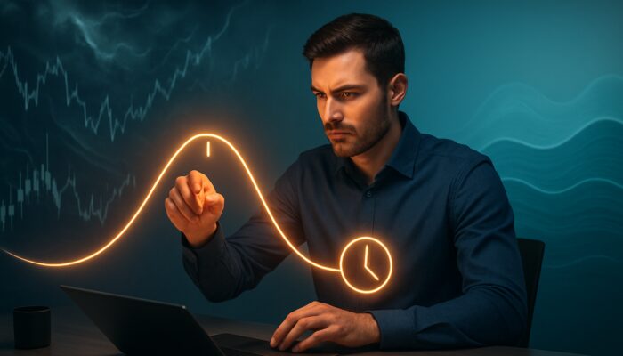 Swing trader adjusting glowing timeline clock amid volatile stormy and calm market charts on desk
