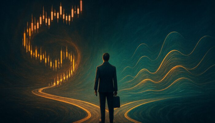 Trader at time crossroads with spiraling candlestick charts revealing market cycles and trading signals