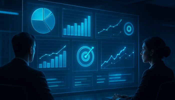 Executives monitoring glowing holographic KPI dashboard with charts and target icons in futuristic control room.