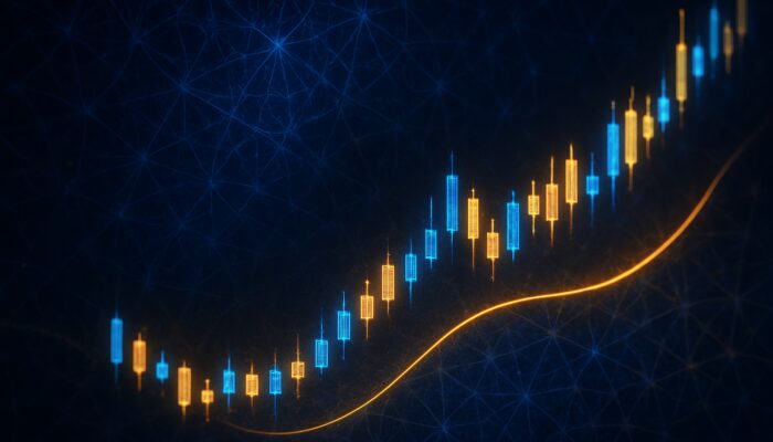 Glowing fractal chart with FRAMA adaptive moving average tracking blue-gold price candles