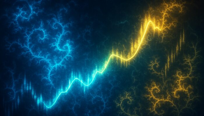 Trading chart with adaptive FRAMA line and glowing fractal patterns in electric blue and gold.