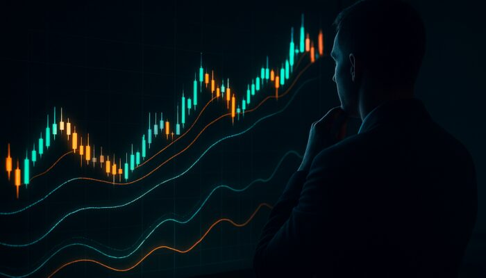 Trader examining glowing FRAMA candlestick chart with win-rate metrics and drawdown curves