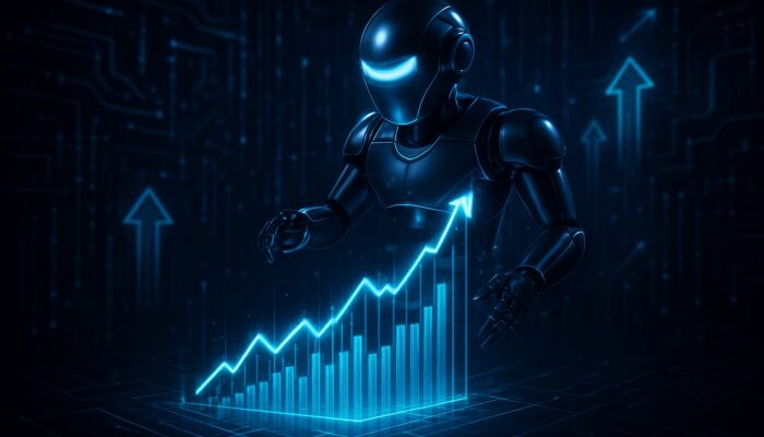 AI trading bot hovering over surging neon blue momentum charts in cybernetic interface