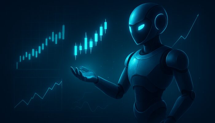 AI trading bot analyzing holographic candlestick charts and backtest metrics for momentum strategy validation