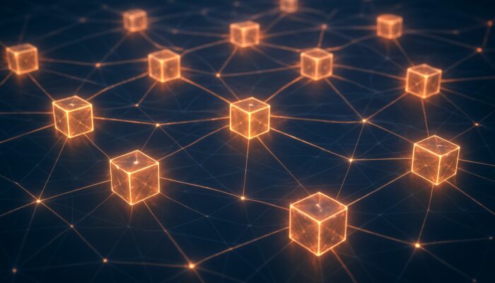 Interconnected glowing blockchain nodes linked by luminous threads pulsing in unison.