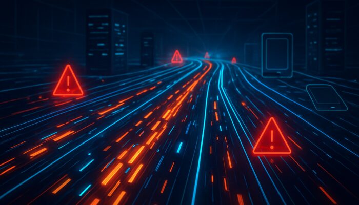 Glowing data packets crawl congested neon network highways with flashing red delay spikes.