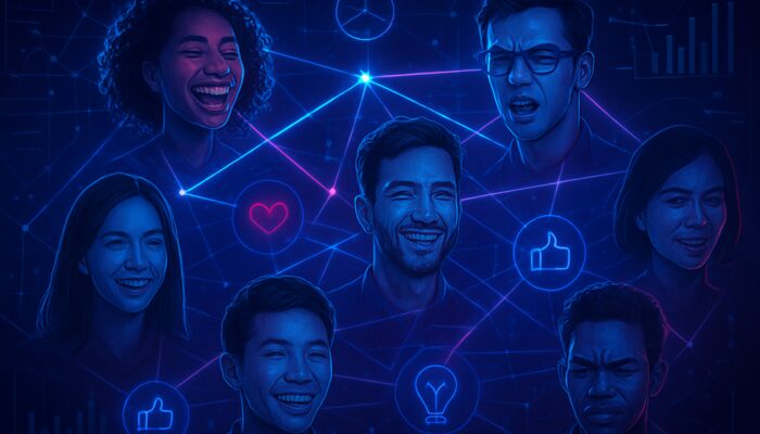 Cyberpunk digital network of diverse faces with social media threads and sentiment analysis charts