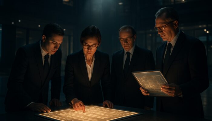 Regulatory officials scrutinize glowing ledgers and blueprints under spotlight in sleek exchange hall.