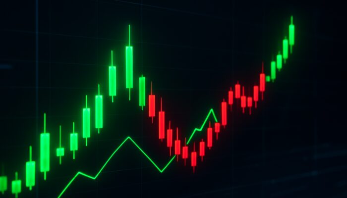 Dynamic abstract PVI chart with glowing green accumulation spikes and red distribution drops on candlesticks