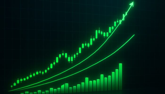 Futuristic Positive Volume Index chart with surging green bars and ascending candlesticks on dark interface