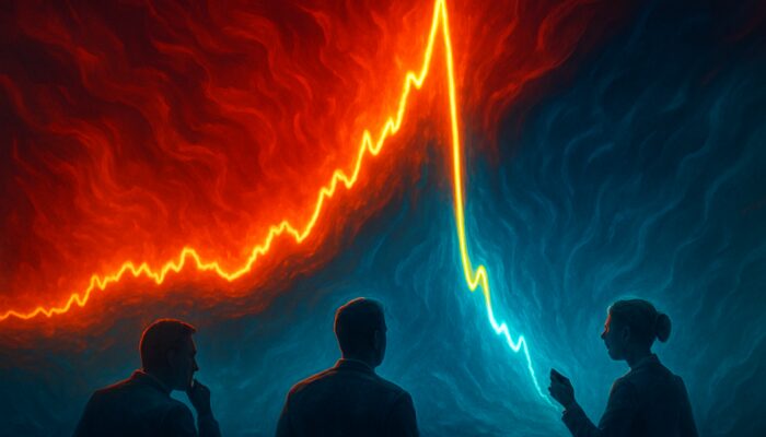 Surreal glowing PVI chart with red overbought spikes plunging into blue oversold zones amid trading momentum.