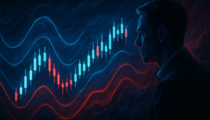Trader examining glowing candlestick chart with pulsing ATR volatility bands in stormy markets