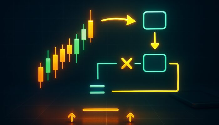 Glowing candlestick chart with overlaid ATR formula steps, arrows, and true range calculations