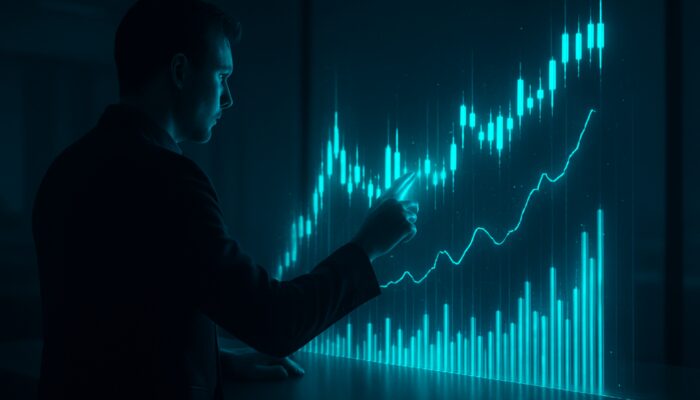 Trader adjusting short ATR timeframes on holographic candlestick charts with volatility spikes in dark office.