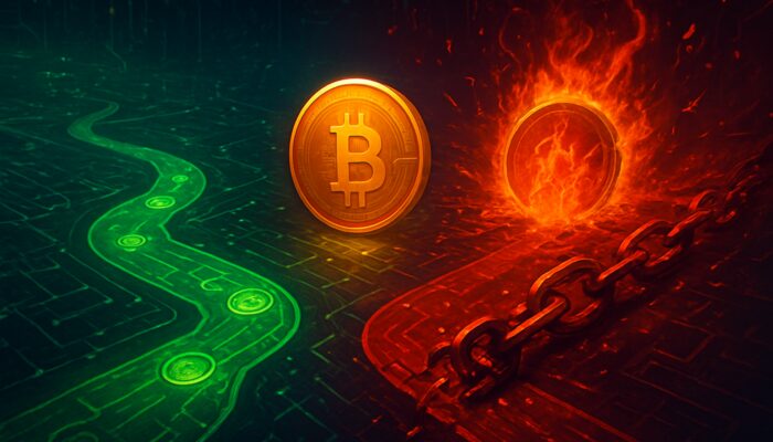 Cyberpunk crypto coins on digital ledger split green transfers from red taxable sales and trades.