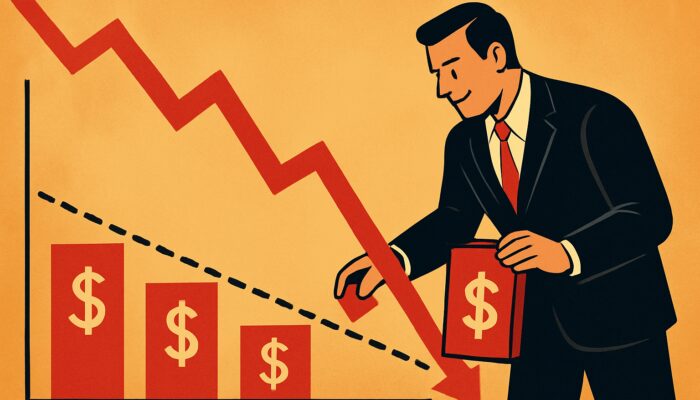 Investor buying shares on red plummeting stock chart with descending average cost line