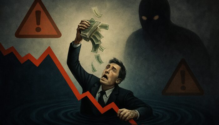 Investor sinking into financial abyss while pouring cash into plunging red stock charts