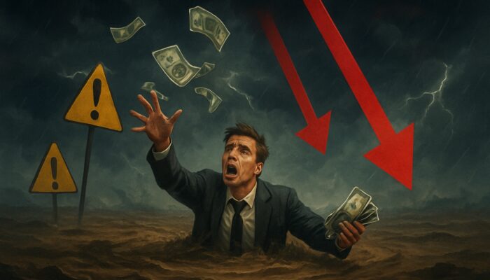 Investor sinking in quicksand throws cash at plunging red stock arrows amid warning signs.