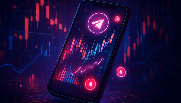 Cyberpunk smartphone screen showing Telegram trading bot alerts with flashing price charts and notifications