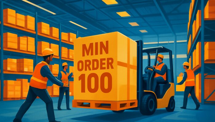 Modern warehouse workers loading oversized pallets marked "Min Order 100" for efficient logistics.