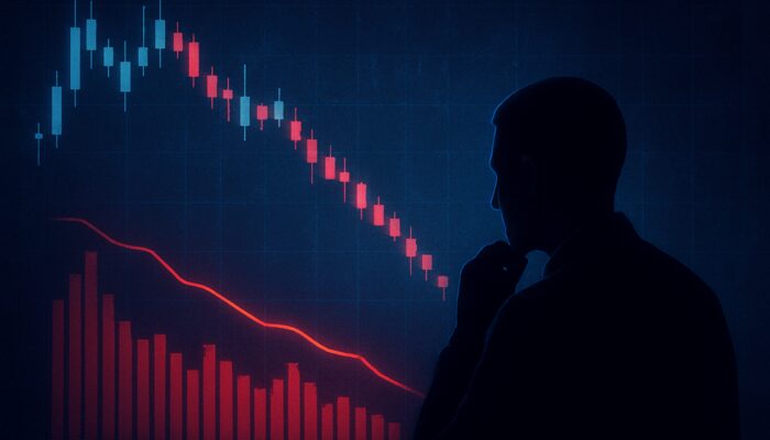 Trader analyzing glowing candlestick chart with crimson Negative Volume Index line