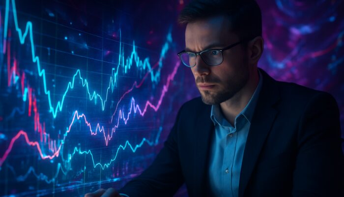 Trader examining glowing holographic NVI and RSI charts amid neon market volatility.