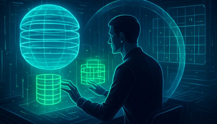 Database expert manipulates holographic data models and queries in cybernetic control room with blue-green digital shields.
