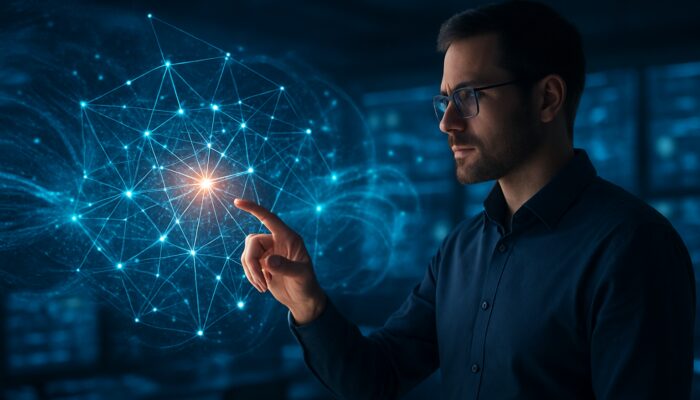 Database expert analyzing glowing holographic data network for bottlenecks in high-tech control room.