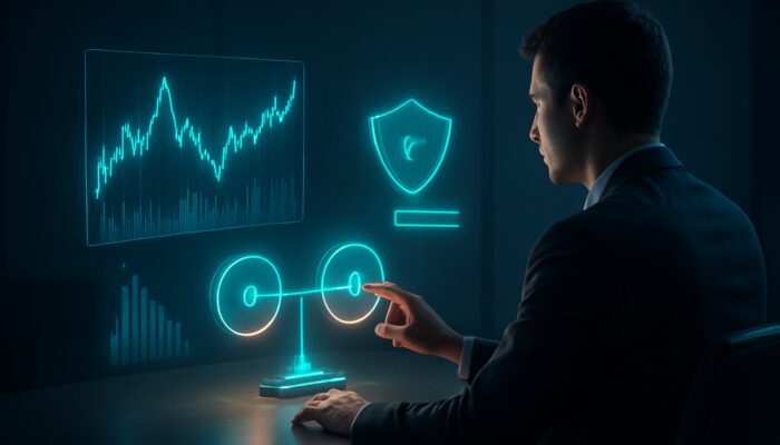 Trader fine-tuning holographic volatility charts with dynamic position dials and glowing risk shields.