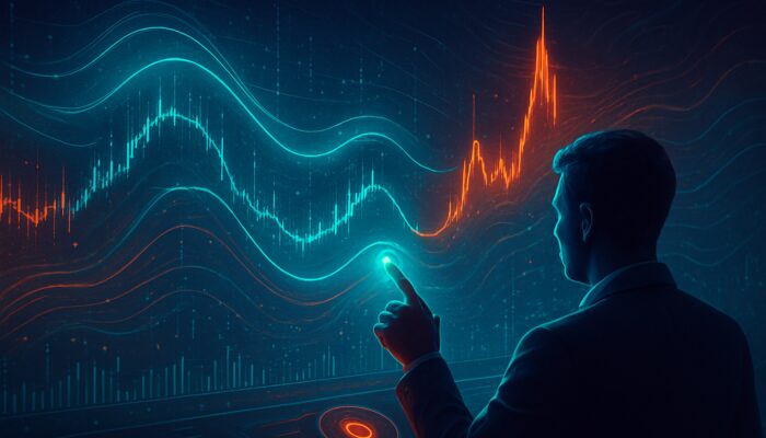 Trading screen with expanding Bollinger Bands, red-spiking VIX index, and trader adjusting positions amid volatility data.