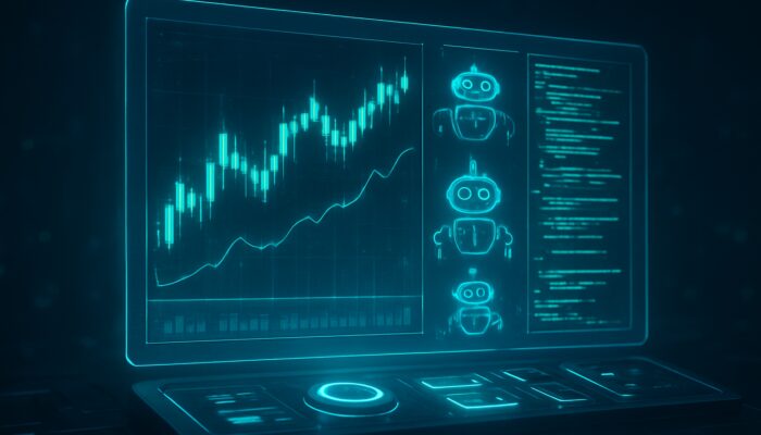 Futuristic holographic crypto trading terminal with glowing charts, automated bots, and open-source code in neon cyberpunk style.
