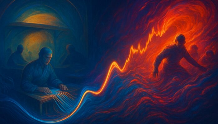 Vibrant digital marketplace with makers weaving luminous order threads and takers surging as turbulent waves.